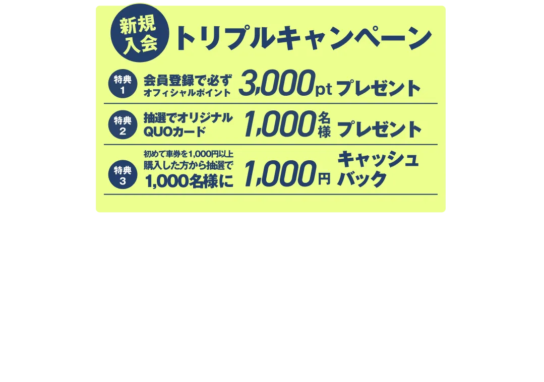 新規入会トリプルキャンペーン オフィシャルポイント3000ポイントプレゼント 1000名様にQUOカードプレゼント 抽選で1000名様に1000円キャッシュバック